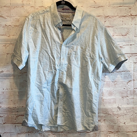 Ted Baker Shirt Mens 7 White Blue Short Sleeve Button Front Chest Pocket Casual - Picture 1 of 10